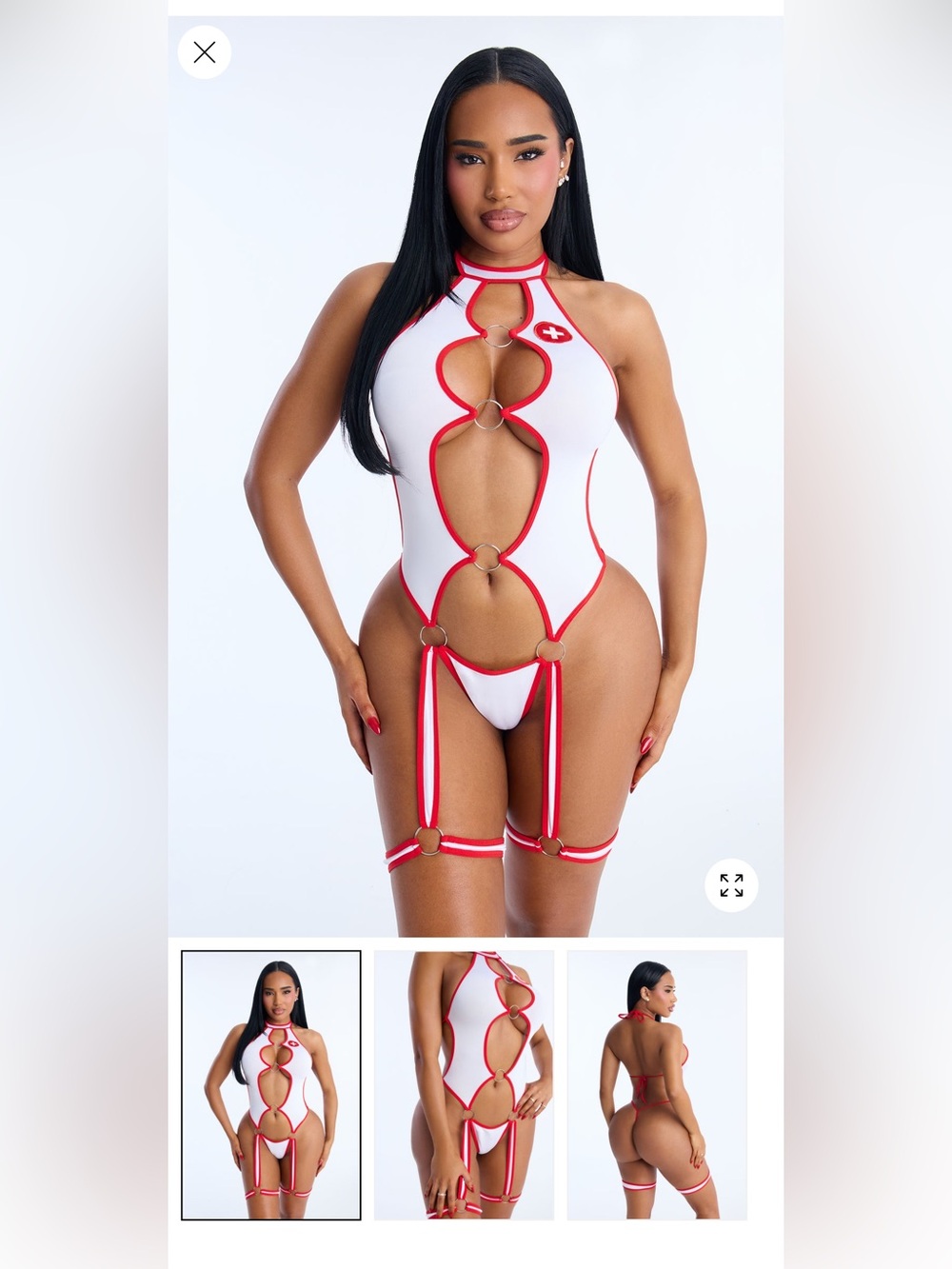 Nurse Red-Trim White Cutout One-Piece Lingerie Bodysuit